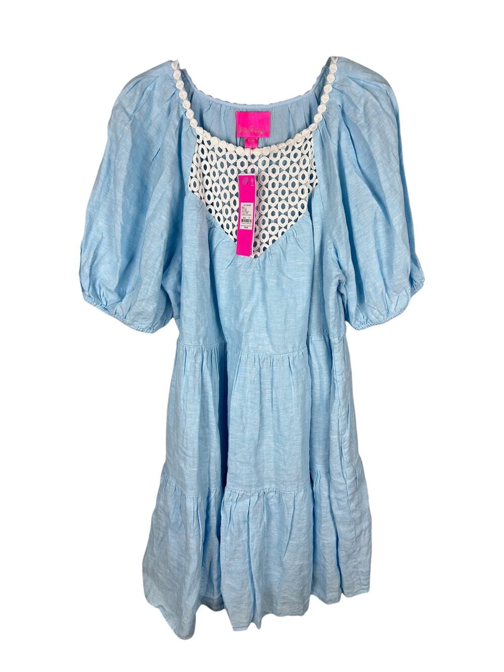 Lilly Pulitzer Charlet Short Sleeve Celestial Blue Linen Eyelet Tiered Midi Dres